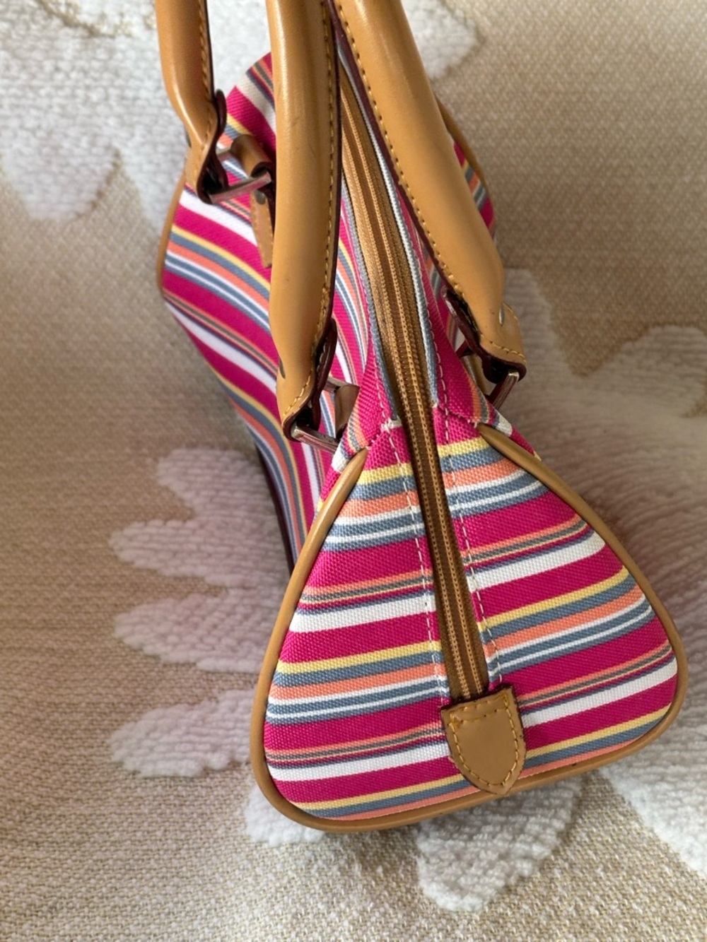 Striped Pink Multi-Color Canvas Satchel with Tan Handles - Picture 3 of 12